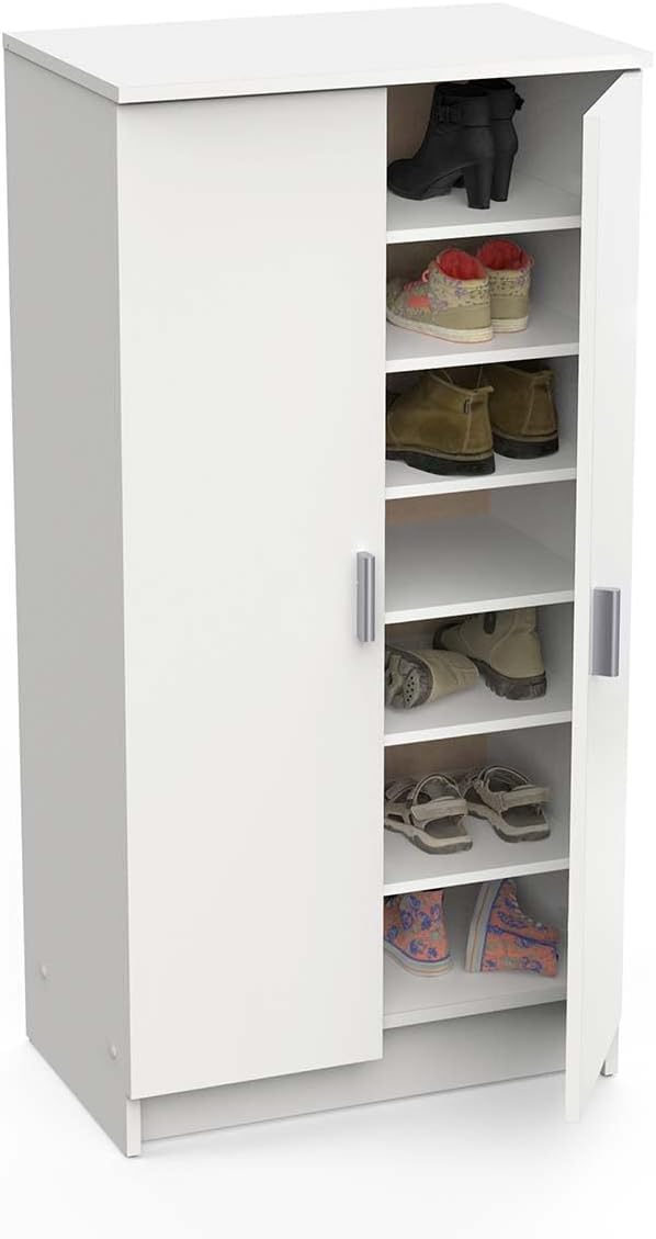 Demeyere shoe cabinet with one door open, showing various shoes stored on the adjustable shelves.