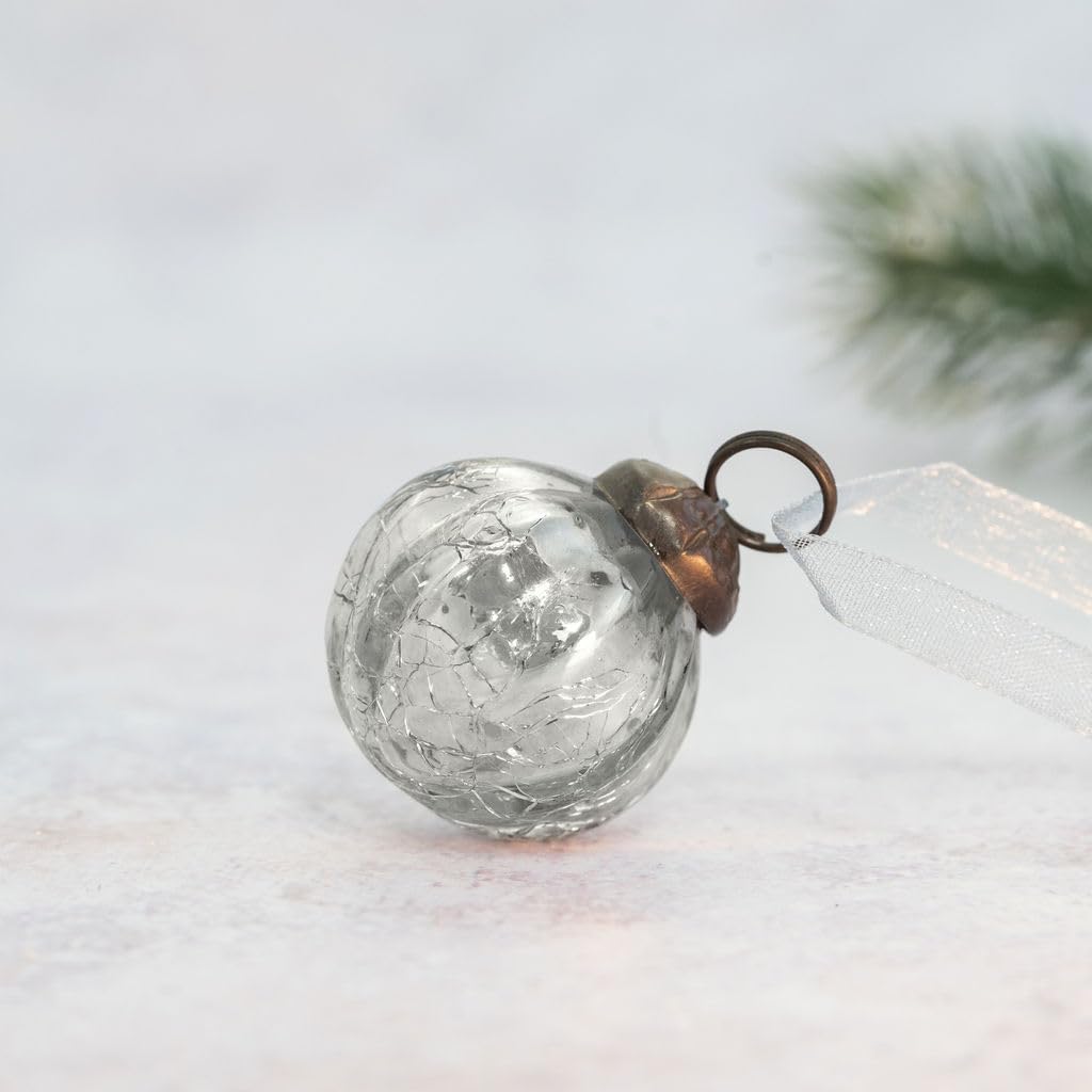 Arthur Cameron – Handmade, Mouth-blown 1" Ribbed Glass Mini Baubles with Bronze Cap, Ribbon & Organza Bag – Elegant Small Christmas Baubles & Christmas Hanging Decorations (Silver)