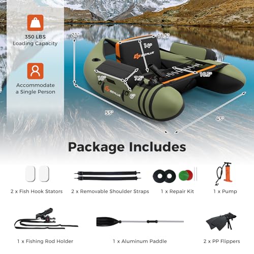 image for Goplus Inflatable Float Tube, Fishing Belly Boat w/Paddle, Flippers, F