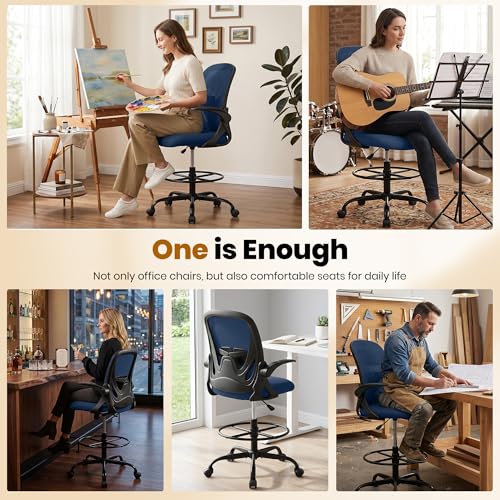 Image of Primy Drafting Chair Tall Office Chair with Flip-up Armrests Executive Ergonomic Computer Standing Desk Chair with Lumbar Support and Adjustable Footrest Ring (Navy)