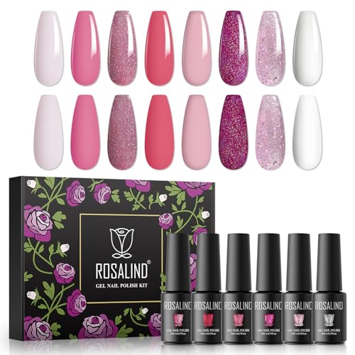ROSALIND Pintauñas Semipermanentes, 8 Color Smalto Unghie Blanco Destello Rosa Esmalte Semipermanente, 5ml UV Gel de Uñas Semipermanente, Set Manicura, Gel Nail Polish 8Pcs