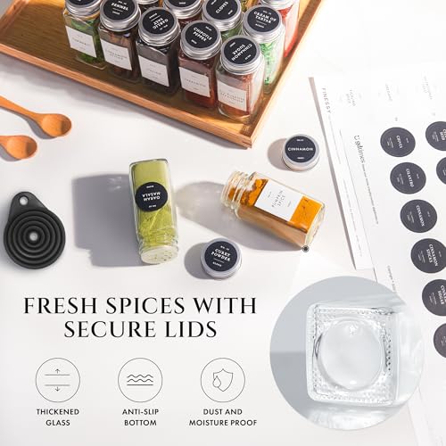 Glass Spice Jars with Labels with Metal Lids and Shakers Minimalist 24 Pack Set, 4oz Small Clear Empty Spice Bottles Seasoning Containers with Label Organizer Square Herb Seasoning Jars for Kitchen by FINESSY - Image 5