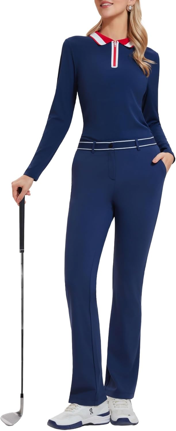AFZ Women Golf Outfits Polo Shirt and 4 Pockets Elastic Waist Golf Pants Sets for Business Travel Leisure