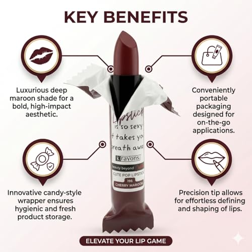 Image of Krayons Cute Pop Matte Lipstick for Women - Shade 195 Cherry Maroon, India's 1st Twist-Wrap Lip Stick, Long Stay Waterproof Lipstic, Rich Pigmented Daily Wear Matt Lipsticks, 3.5g