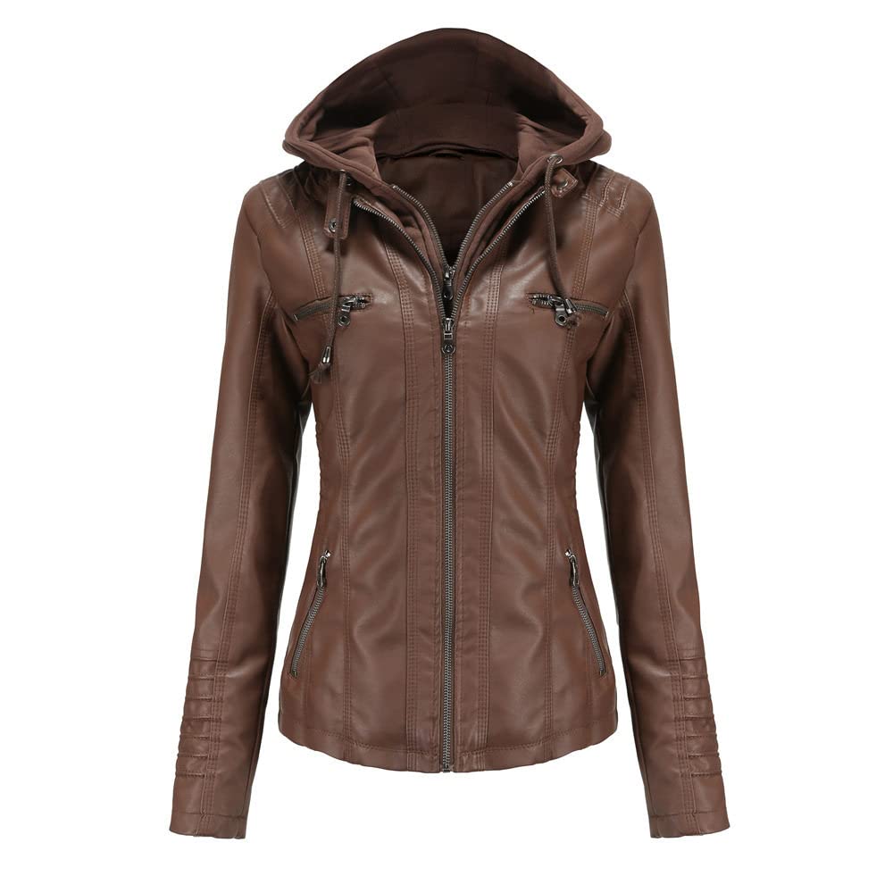 Lederjacke,Damen Kunstlederjacke Dunkelbraun Abnehmbare Kapuze Stehkragen Druckknopf Doppelreißverschluss Vintage Langarm Kurz Slim Fit Moto Biker Pu Mantel Bomber Motorrad Outwear Frühling Herbst