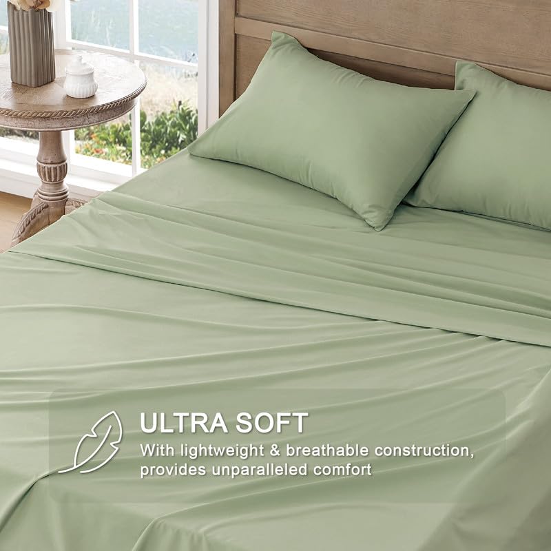 Image of FreshCulture California King Sheet Sets - Brushed Microfiber - Deep Pockets - Easy Care - Cooling & Breathable Bed Sheets - 4 Pieces Hotel Luxury Cal King Sheets (Sage Green)