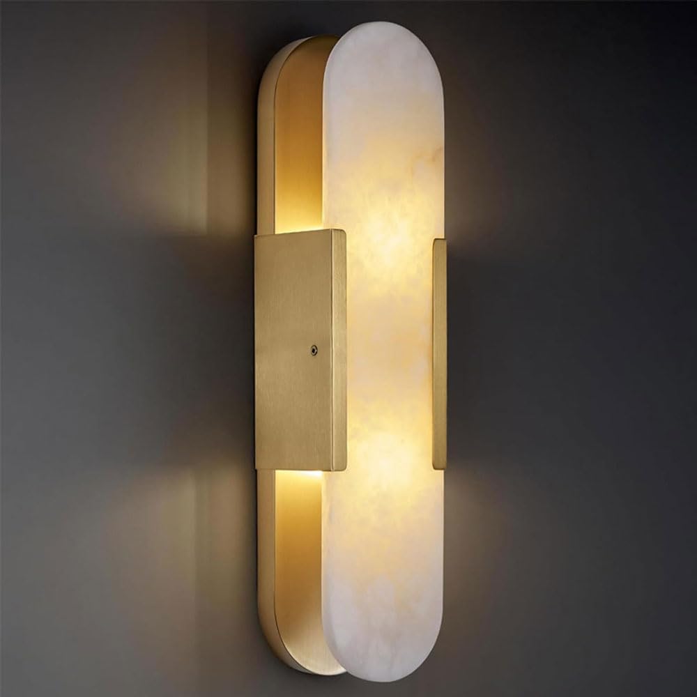 JISHUBO 19.7 Inch Alabaster Wall Light, G9 Light Source Iron Base Wall Lamp, Hardwired Flush Indoor Wall Sconce, Restaurant Living Room Bedroom Wall Mounted Lighting Fixtures