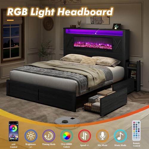 Image of AMERLIFE King Bed Frame with Fireplace, Farmhouse Storage Platform Bed with 57 inch Headboard, Barn Door Cabinets, 4 Drawers & 2 Bedside Racks, RGB LED & Charging Station, Black