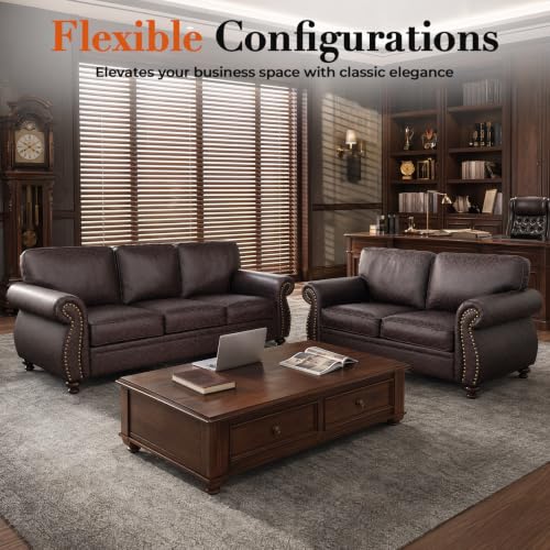 Image of Couchus 88 inch W Sofa Couches with Nailhead Trim, Mid-Century Vintage Faux Leather 3-Seater Sofa, Upholstered Couch for Living Room (Brown, 3-Seater)