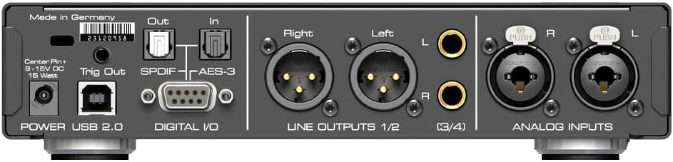 Арткы view of the RME ADI-2/4 Pro SE, showing power input, USB 2.0 port, digital I/O (S/PDIF, AES-3), analog line outputs (XLR and RCA), and analog inputs (XLR and RCA).