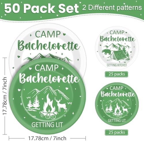 50PCS Camp Bachelorette Party Paper Plates for Bride Party Decorations 7 Inches Mountain Camp Party Plates Camping Disposable Dessert Plates for Girls Bridal Shower Wedding Engagement Party Supplies