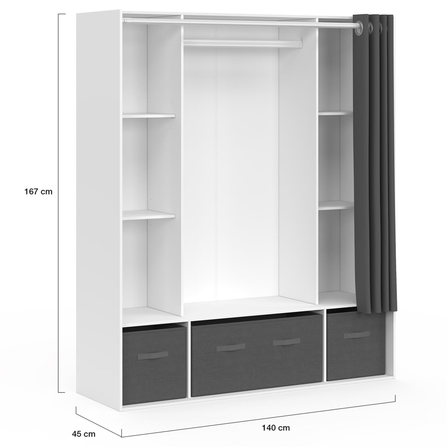 IDMarket - Dressing double penderie DIANE 140 x 45 x 167 cm blanc avec étagères + boites de rangement + rideau gris