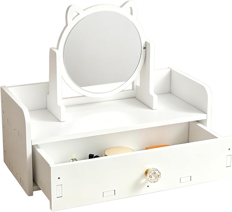 Espelho de maquiagem de mesa Alunsito com 3 gavetas, organizador cosmético retangular, PVC Wood Plastic Board, branco, Style C