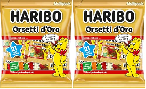 Haribo Orsetti D'Oro Multipack, 21 Mini Bustine Da 12gr, Caramelle Gommose, Gusto Frutta, Ideali Per Una Festa Di Compleanno - 250gr (Confezione da 2)