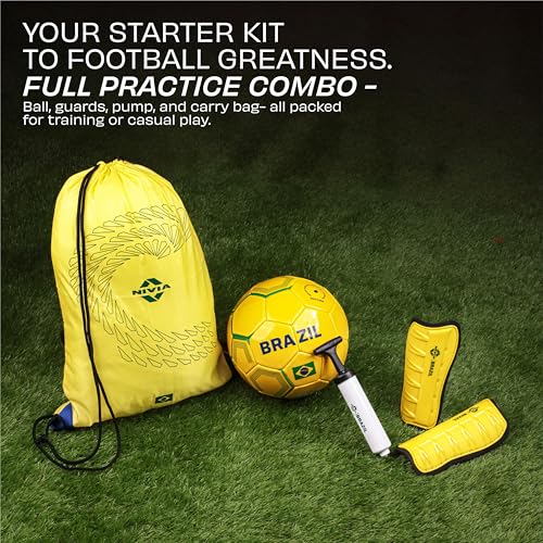 Image of Nivia Football Combo Pack of 4, 1 PVC Football, 1 Pair Shin Guard, 1 Ball Pump, 1 Carry Bag, for Kids & Adults, Size-3 (Brazil)