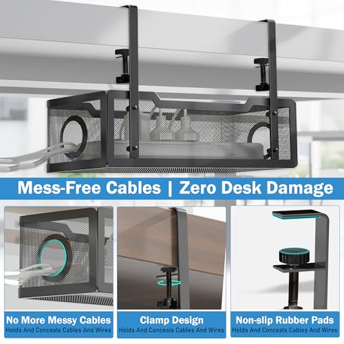 Image of GLUN Adjustable Under Desk Cable Organizer Rack, Screw-Fixed Wire Management Tray for Power Cord, Extension Board & Network Cables, Black Includes 10 Cable Ties & 4 Cable Organizers