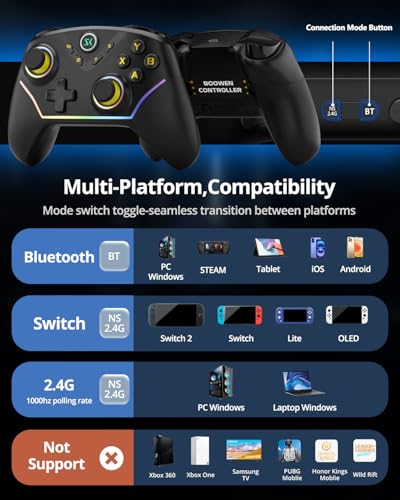 Image of Multi-Platform Wireless Controller, PC Gaming Controller with 2.4G Adpater /Hall Joysticks /Hall Triggers /1200 mAh Battery /4 Programmable Buttons /RGB Lighting, Compatible with PC Windows 7 /8.1 /10 /11, Switch /OLED /Lite, iOS, Android, Steam-Black