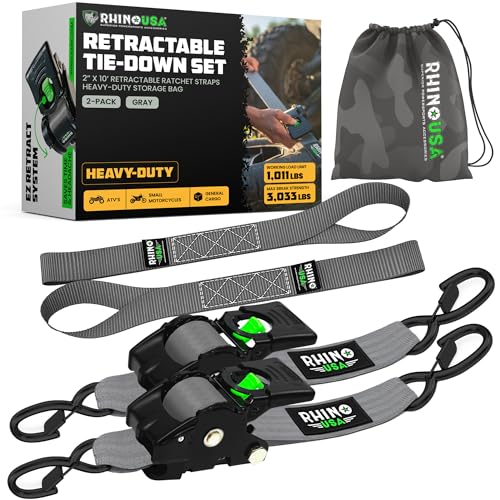 Rhino USA Retractable Ratchet Straps (2-Pack) - 2 Inch x 10 Feet (3,033lb Break Strength) - Heavy Duty Auto Self Retracting Tie Down Straps for Truck, Cargo Trailer, Motorcycle, Rad & More - Gray
