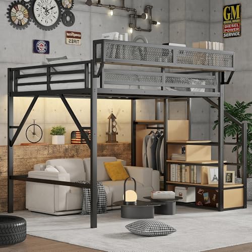 Aurnienofus Queen Size Loft Bed with Stairs and Storage, Metal Loft Bed Frame with Bedside Shelf and Large Under-Bed Space, Heavy-Duty Beds for Adults Teens and Kids, Black
