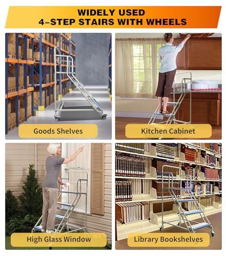4 Step Rolling Stairs with Wheels, Industrial & Warehouse 4-Step Stairs, Non-Slip Rolling Steps with Stair Edge Protector, Easy to Move Rolling Steps for Goods Shelves, 23.6\"x59.1\", 445LBs Capacity