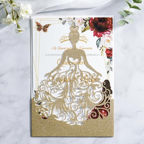 ponatia 25 PCS XV ANOS Personalized Invitation Cards, Quinceanera Invitations, Customized Invitation Cards, Personalized Printed Order, Picture Card-Gold Glitter - Thumbnail 2