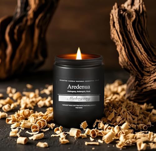 Image of Mahogany Candle | Scented Candles for Home, Manly Candles Gifts for Women Men - 7oz Soy Candle for Home Scented - Aromatherapy Gifts for Men - 50 Hours Long Burning - Black Jar