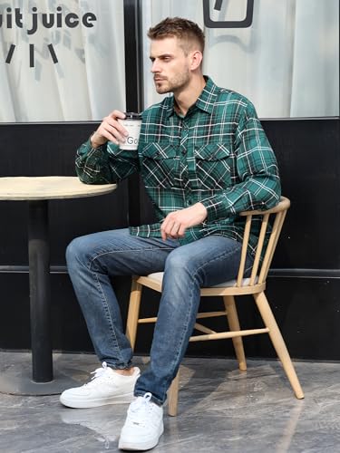 Men's Flannel Shirt Plaid Long Sleeve Button Down Shirt Cotton Casual Green Shirts with Two Chest Pockets(Green Plaid-S) - Image 3