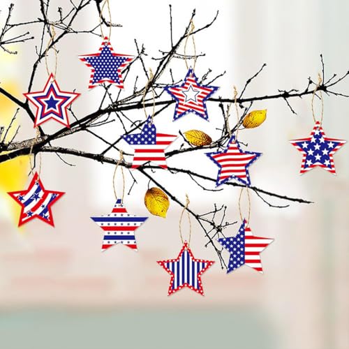 24pcs 4th of July Hanging Ornaments Independence Day Tree Decorations for White Red Blue Star Ornament Patriotic Tree Decorations with Ropes USA Flag Hanging Decoration for Holiday Party Supplies
