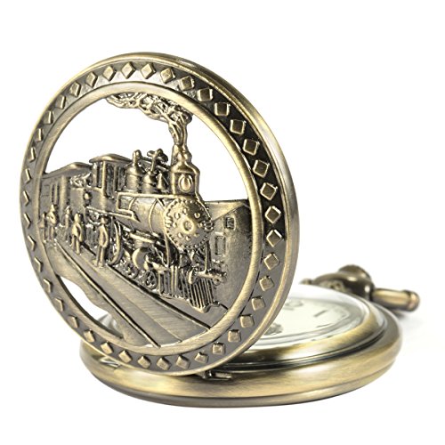 Image of SIBOSUN Antique Men Pocket Watch with Chain Oversized 50MM 1.96 Inch 3D Locomotive Steam Train Railroad Hollow + Box