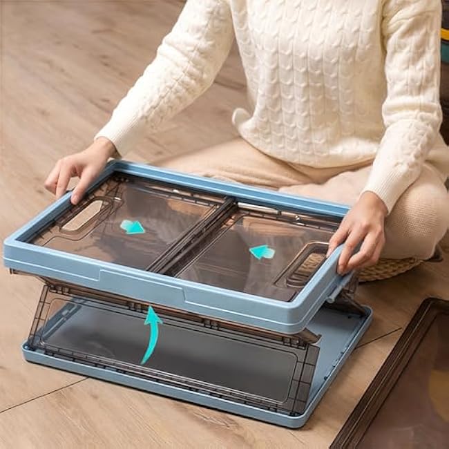 Collapsible Storage Container with Lid and Latches, Clear Stackable Plastic Tote Bin with Handles for Clothes, Sweater, Blanket (Blue, 7 Gal)