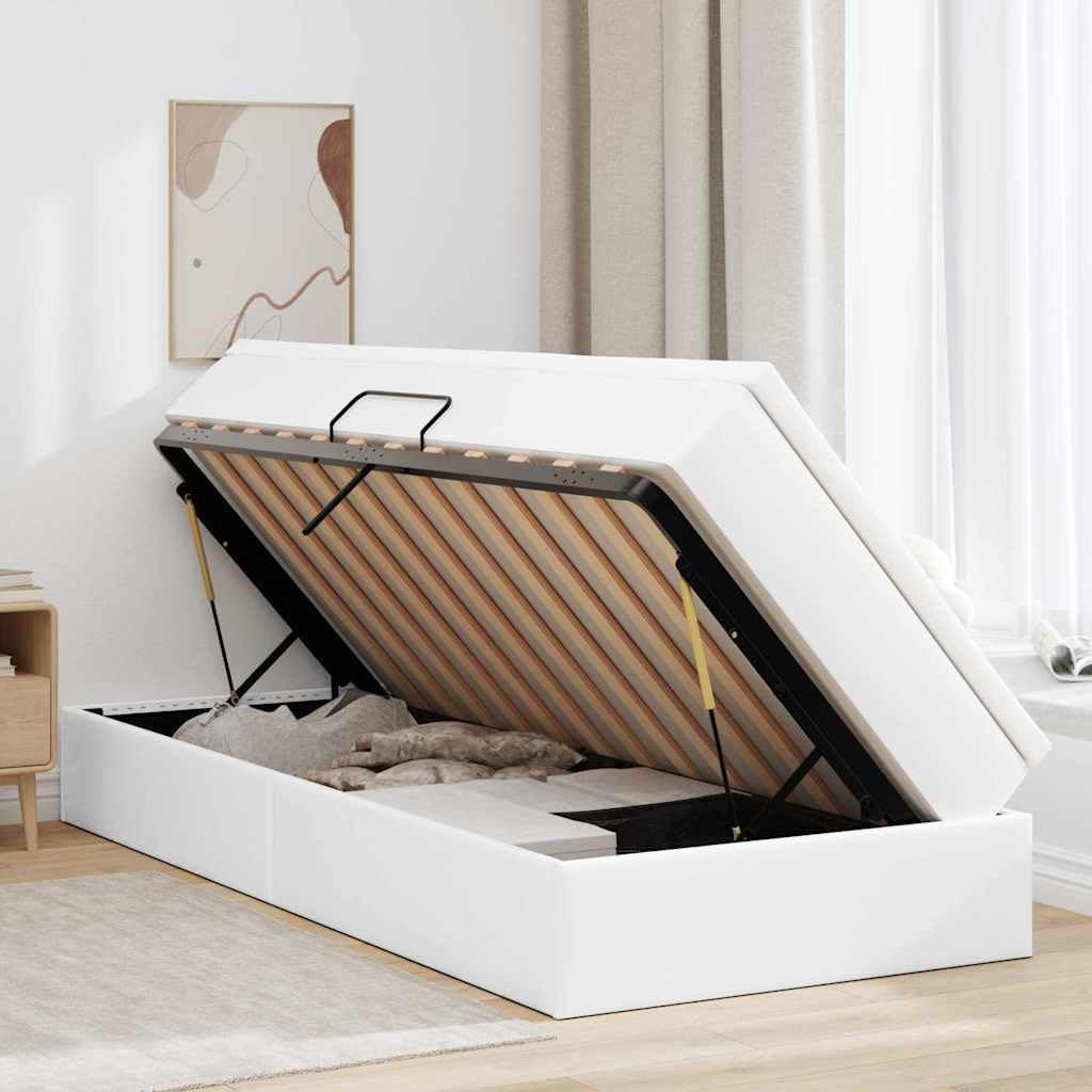 Storage Bed with Mattress White Faux Leather Metal Frame 39.37 x 79.92 in Platform Foundation with Slatted Frame Sturdy Heavy-Duty Storage for Modern Bedroom