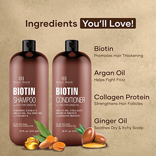 Botanic Hearth Biotin Shampoo And Conditioner Set - With Ginger Oil & Keratin For Hair Loss And Thinning Hair - Fights Hair Loss, Sulfate Free, For Men And Women, 16 Fl Oz Each #TOP1