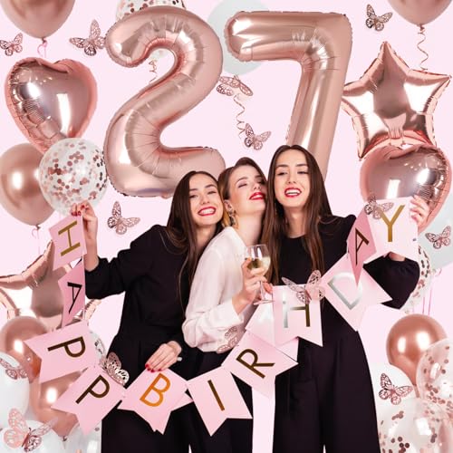Image of Rose Gold 27th Birthday Decorations for Women, 27 Year Old Sign with Happy Birthday Banner, 40In Number 27 Foil Birthday Balloons, Butterfly Decorations, Heart and Star Balloons