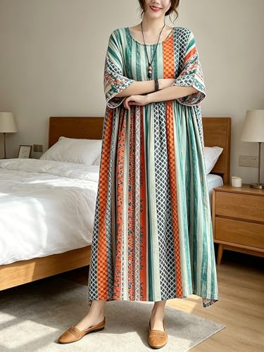 Image of Women Summer Dress with Pockets Plus Size Boho Floral Print Round Neck Loose Casual Flowy Dress