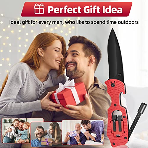 Pocket Knife, 7 In 1 Multitool Stainless Steel Folding Knife With Screwdrivers Bottle Opener Small Ruler Safety Lock Camping Accessories Survival Gear Gifts For Him Men Dad Husband Boyfriend (Red) #TOP7