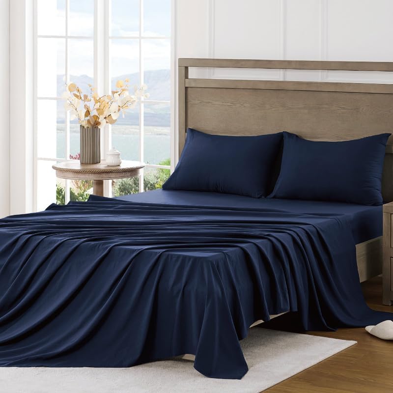 Image of FreshCulture Queen Sheet Set - Ultra Soft Sheets for Queen Size Bed - Brushed Microfiber - Deep Pockets - Easy Care - Cooling & Breathable - 4 Pieces Hotel Luxury Queen Bed Sheets (Navy Blue)