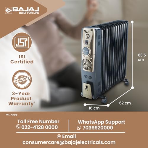 Image of Bajaj Majesty RH 13F Plus 2500 Watts 13 Fins Oil Filled Room Heater | ISI Approved | DuraProtek | Temperature Control | Auto Thermal Cut-Out | 2 Yr Warranty 【Black /Golden】