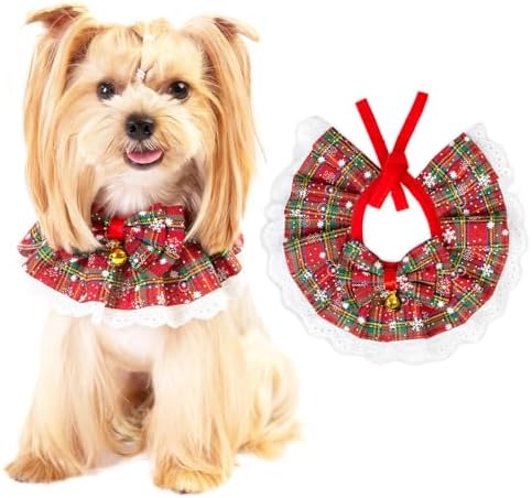 Dog Christmas Outfit – Holiday Dog Bandana with Bells, Plaid Scar...