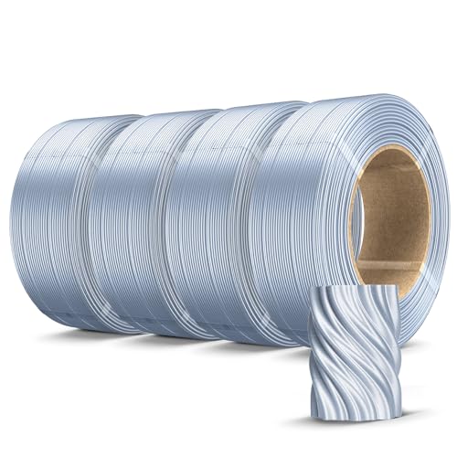 SUNLU 500g Silk PLA Filament Refill, Silk PLA Plus Refill 4 Packs, No-Spool 3D Printer Silk Filament 1.75mm 2KG for Reusable Spools, Compatible with Bambu Lab 3D Printers, 0.5KG/Roll Silk Silver