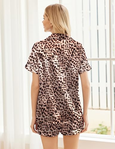 Image of Ekouaer Womens Silk Satin Pajama Sets Soft Short Sleeve Button Down Sleepwear Top and Shorts 2 Piece Pjs Lounge Set