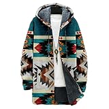 Biacolum Zip Up Jacket Men Aztec Trible PeacockBlue Print Long Fleece Hooded Lined Zip Up Knit Coat with Pockets Fashion Hoodies Warm Jacket Fitted Cardigan for 2024 Winter,XL