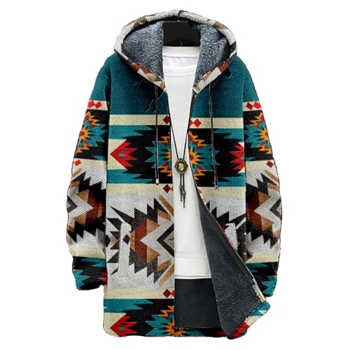 Biacolum Zip Up Jacket Men Aztec Trible PeacockBlue Print Long Fleece Hooded Lined Zip Up Knit Coat with Pockets Fashion Hoodies Warm Jacket Fitted Cardigan for 2024 Winter,XL