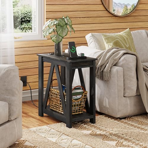 Image of WLIVE Farmhouse End Tables Living Room, Narrow Side Table with Charging Station, Slim End Table, Side Table for Bedroom, Small Spaces, 2 USB and 2 Power Outlets, 11.8 inch D x 23.6 inch W x 23.74 inch H