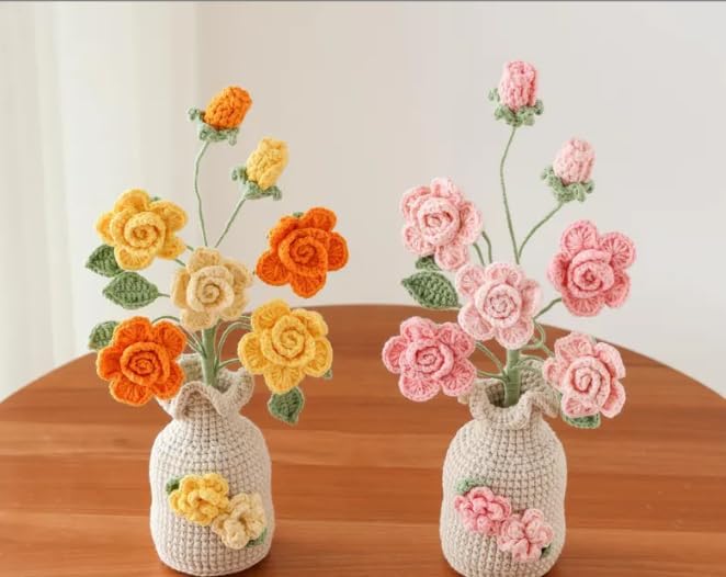 Crocheted Rose Flowers Potted Plants Artificial Gradient Color 5 Heads Rose with Exquisite Vase Handmade Knitted Flowers Presents for Women, Lover, Wedding and Home Decor, Gradient Purple - Image 6