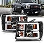 AmeriLite for 2007-2014 GMC Sierra 1500 2500 3500 Dual C-Type LED Tube Quad Projector Black Headlight Assembly Set - Passenger and Driver Side