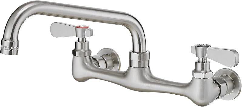 Commercial Sink Faucet Kitchen Wall Mount with 8 Inch Swivel Spout 8" Center Adjustable 2-Handle Utility Sink Faucet Laundry No Lead Mixer Tap, Brushed Nickel, by Bathfinesse