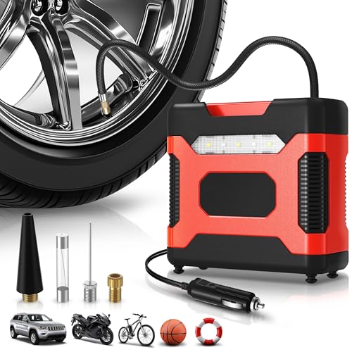 Auto Dynasty Digital Tire Inflator Portable Air Compressor, 12V DC 150 PSI Power Electric Car Tire Air Pump with LED Light and Pressure Gauge for Car, Motorcycle, Bicycle, Bike, Ball (Red)