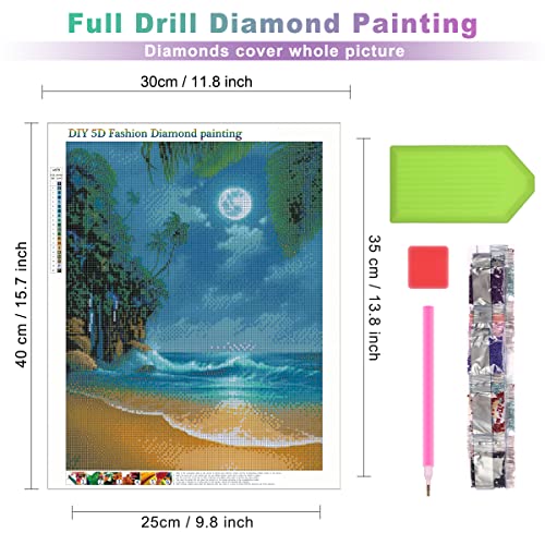 Airdea Diy 5D Diamond Painting Beach By Number Kits For Adults, Round Full Drill Scenery Diamond Painting Kits Seaside Moon Gem Painting Art Craft Picture Art For Home Wall Art Decor 15.7X19.7In #TOP1