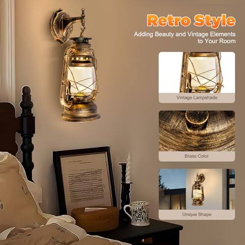 Image of Wall Sconces, Retro Antique Vintage Rustic Lantern Lamp Wall Sconce Light Fixture (Yellow Bronze - 2 Pcs)