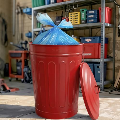 Image of Plexon Metal Trash Can with Lid 13 Gallon, Decorative Outdoor Trash Can Heavy Duty Galvanized Metal Bucket with Lid for Garage Workshop Storage Farmhouse, Red 3 Pack